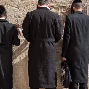 Orthodox Jewish men facing the Western Wall in Jerusalem, deep in prayer and contemplation.